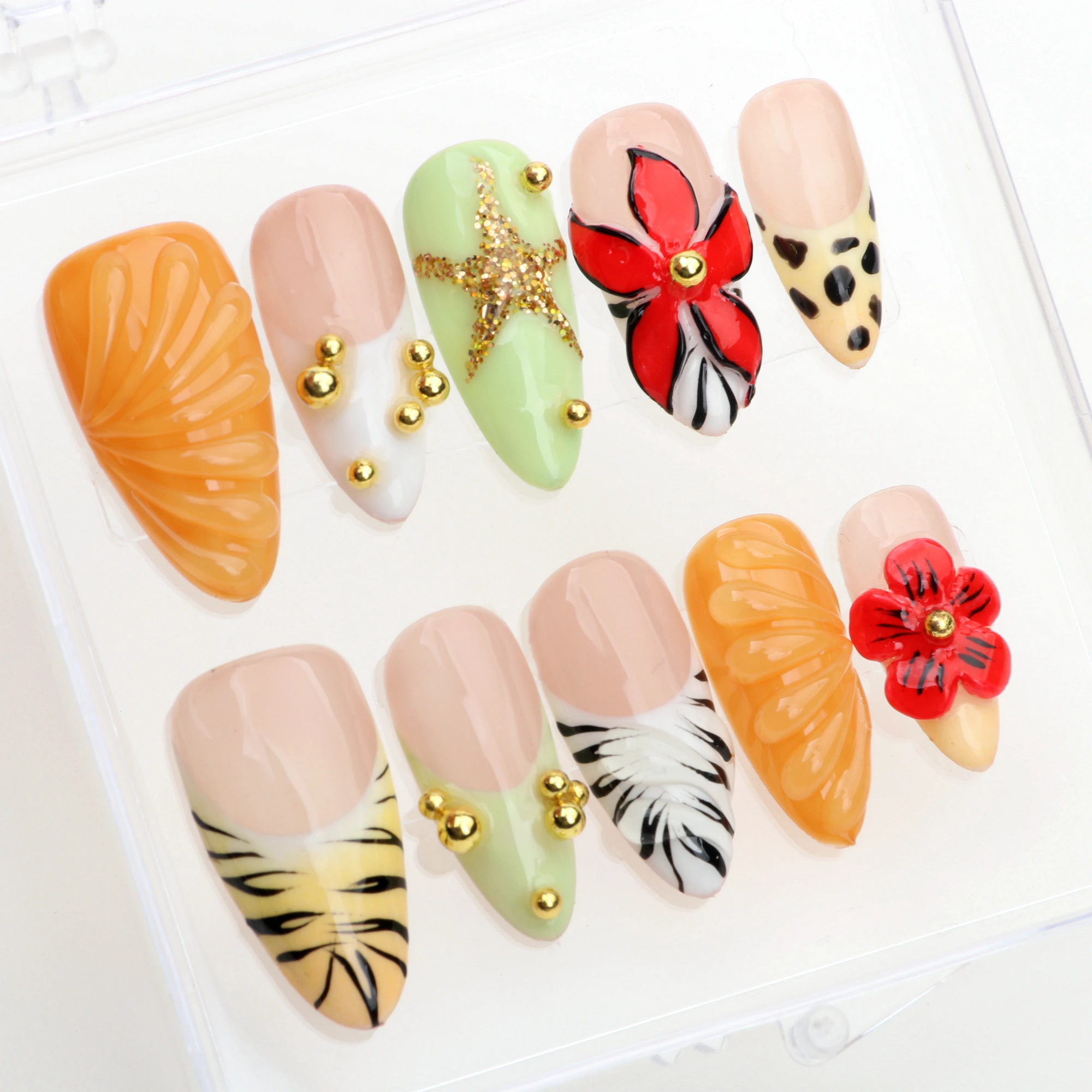 10Pcs 3D Flower Press On Nails,Autumn Theme Made False Nails for Birthday Prom Nails  Christmas and Holiday Vacation y2k Nails