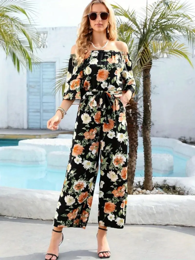 Women's One-Shoulder Off-Shoulder Bodycon Jumpsuit Waist-Tied Wide-Leg Trousers Three-Quarter Sleeves Vacation Style