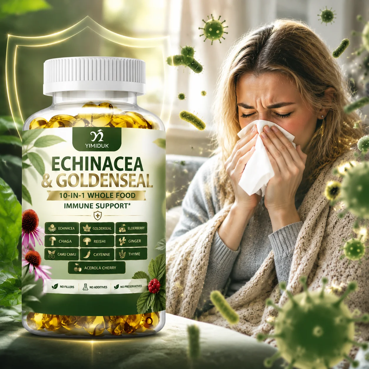10‑in‑1 Echinacea & Goldenseal Capsules, with Elderberry Chaga Reishi Ginger Thyme Acerola Cherry, Support Immune Health, Energy
