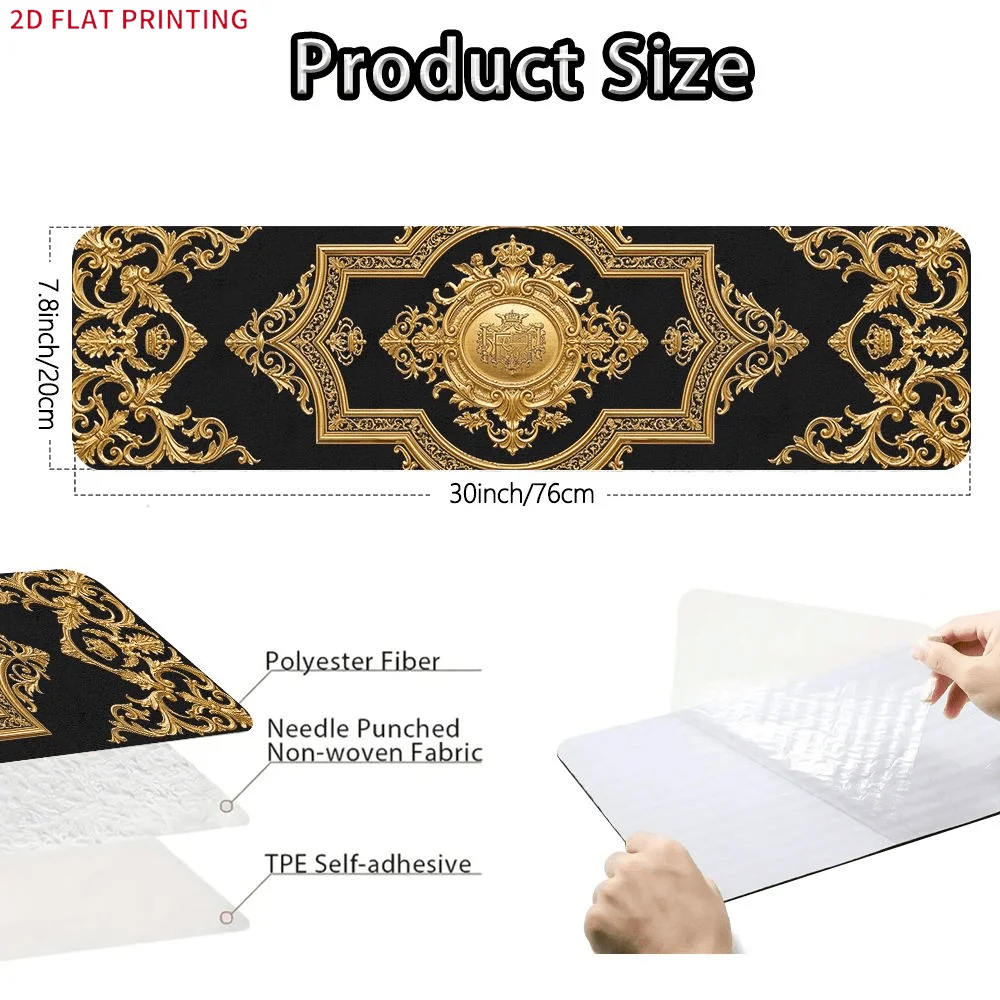 2D FLAT Printing Set of Stair Mats, Black Background With Gold Ornate Baroque Pattern Prints, Easy to Clean Stair Tread Carpets