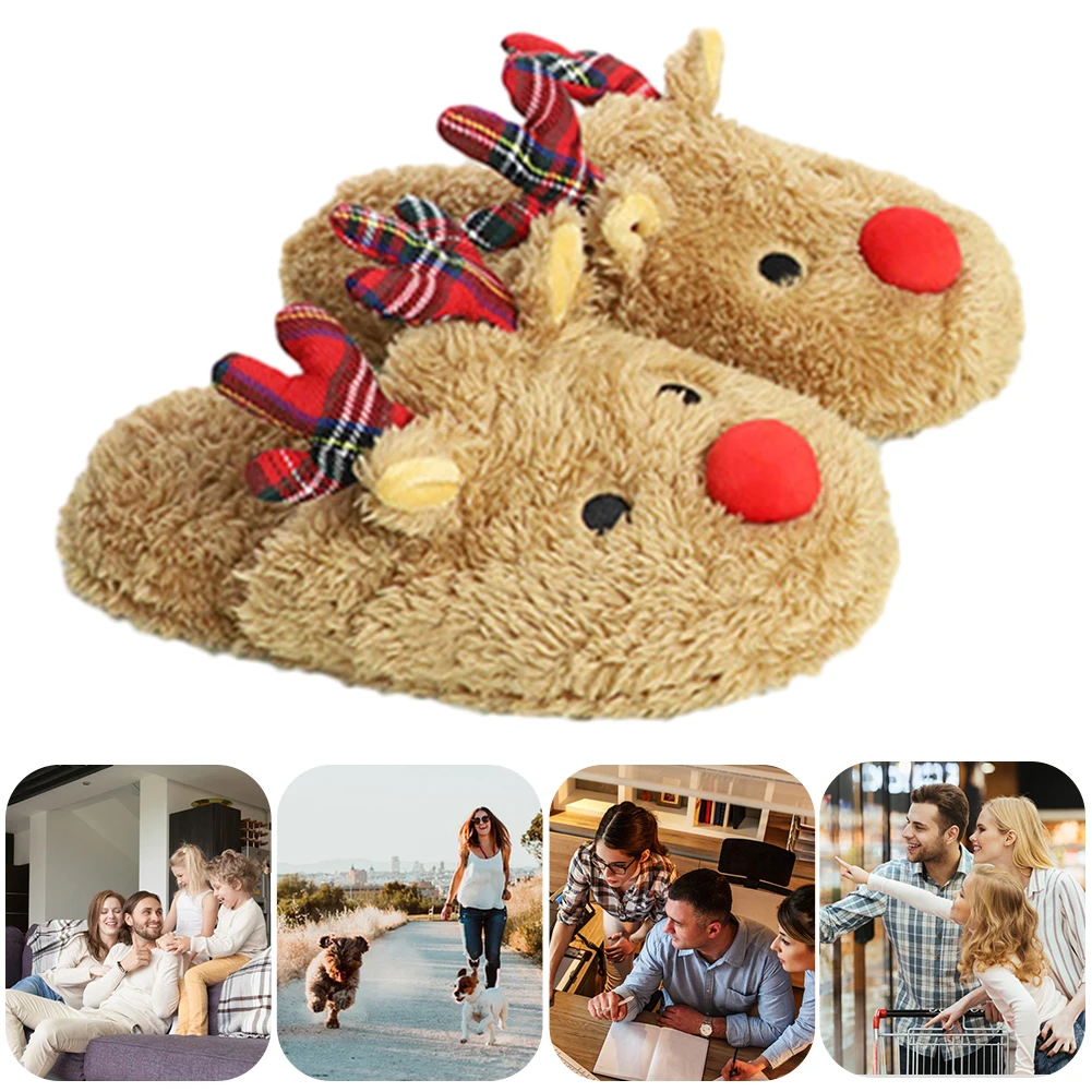 Christmas Reindeer Slippers Warm Plush Home Slipper Cozy Winter Slippers Slip-On Slippers Women Men Breathable Bedroom Slippers