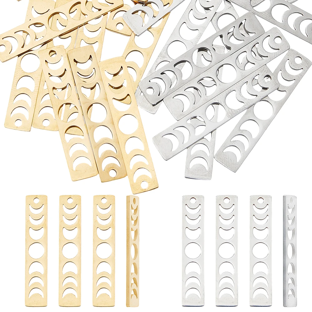 24Pcs Moon Phase Charm 2 Colors Stainless Steel Moon Lunar Charm Rectangle Laser Cut Hollow Phase Charms for Necklace Earrings