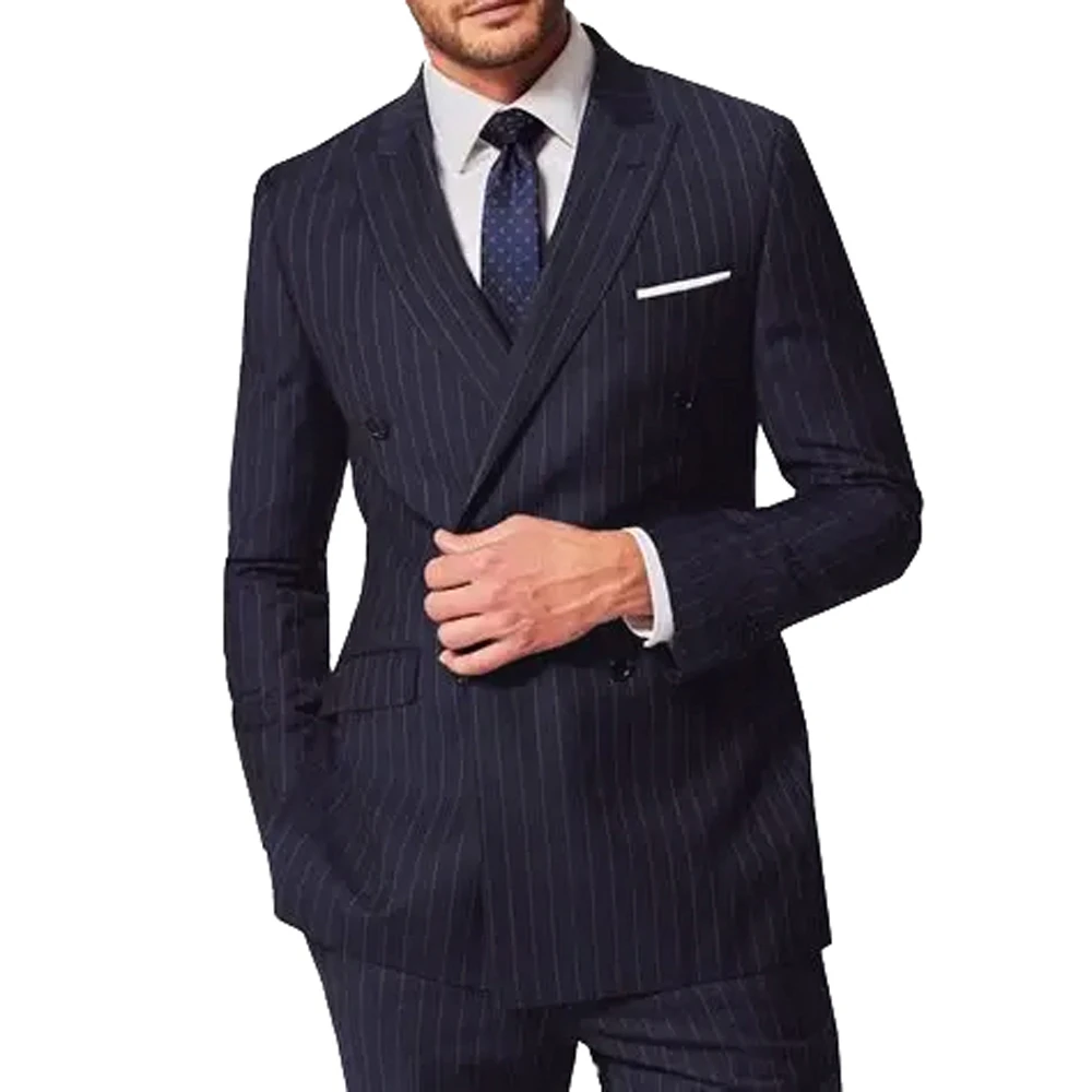 2026 Premium Dark Navy Chalk Stripe Suits For Men Custom Made Suits Tailor Made Mens Suits Striped Double Breasted Peak Lapel