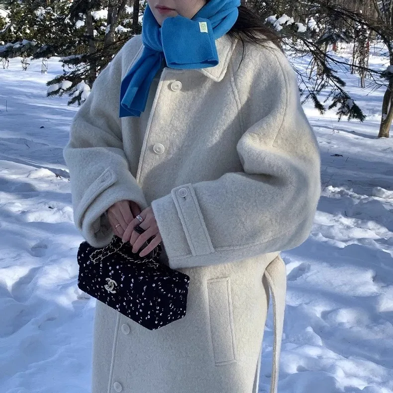 

Leobe Длинное белое шерстяное пальто 00% тепло с переплетом Модная корейская зимняя модная женская верхняя одежда премиум-класса Quali