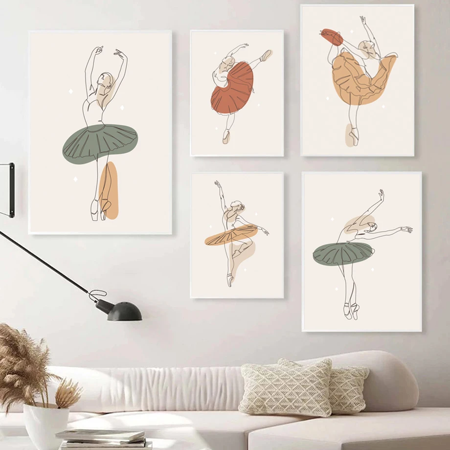 Ballerina Nordic Style Art Prints Orange Lines Posters Ballet Dancing Canvas Painting Dance Studio Wall Decor Dancer Gifts