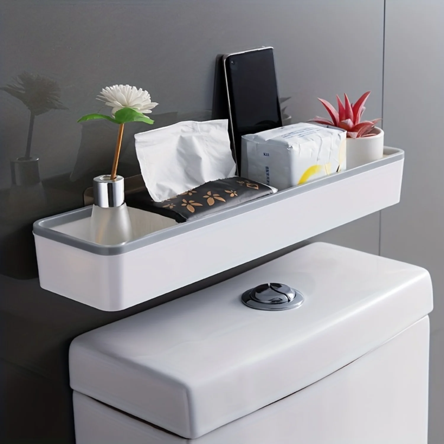 Wall Mounted Toilet Caddy - Tissue, Phone & Sundries Organizer - Punch Free & Adhesive - Bathroom Organizer