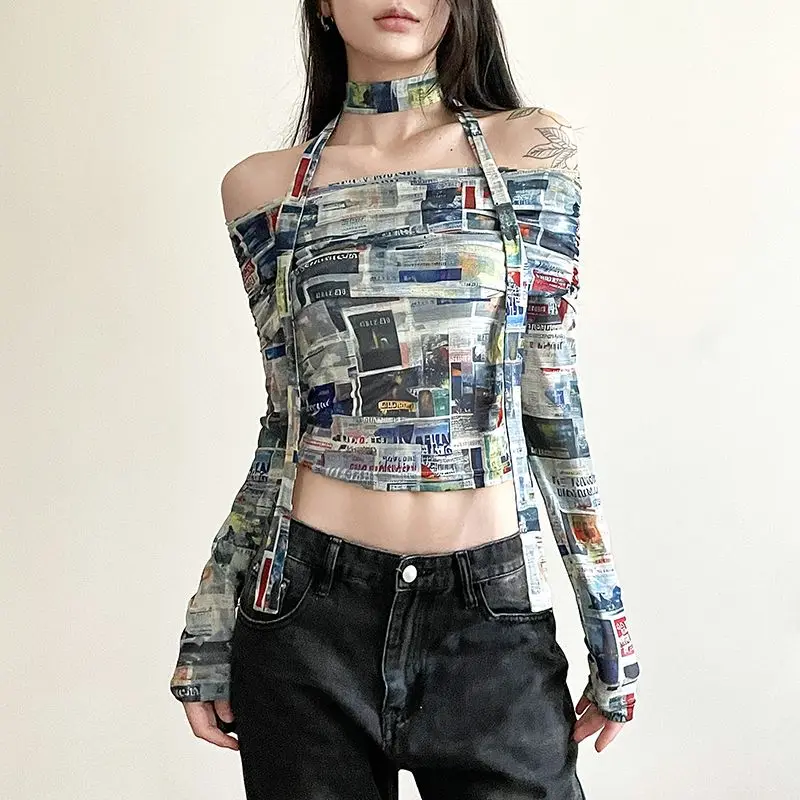 Retro Color Rendering Printed One Shoulder Top Creative Outer Scarf Exposed Navel Long Sleeved T-shirt