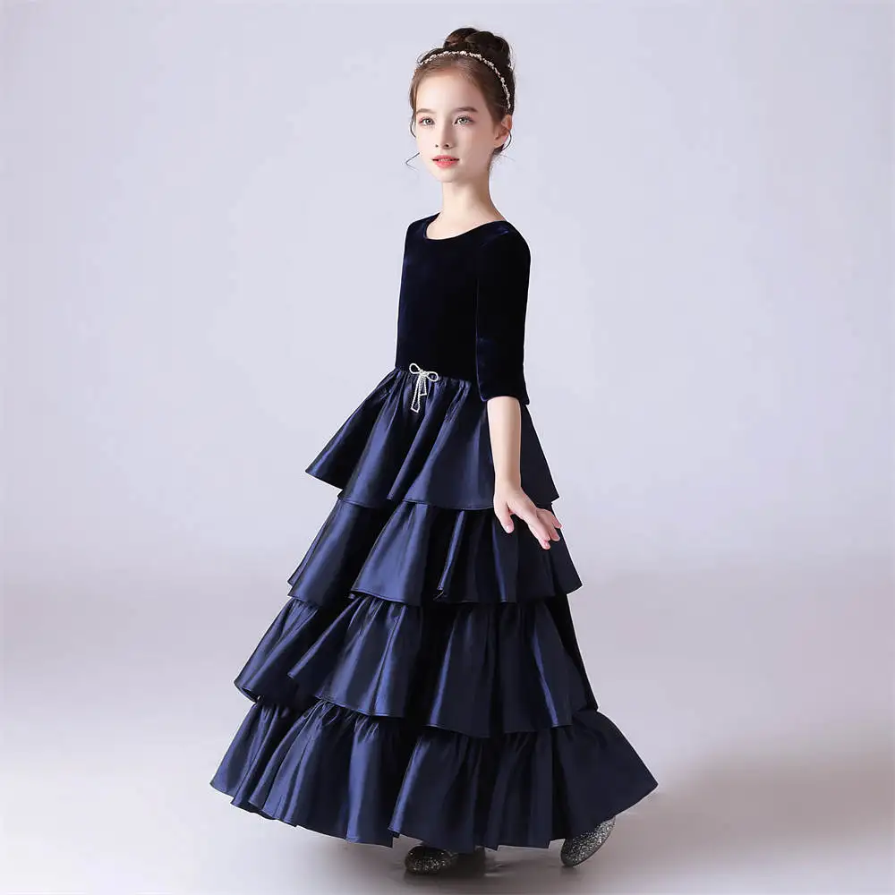 Dideyttawl Satin Tiered  Bridesmaid Dresses Half Sleeves Flower Girl For Wedding O Neck Kids First Communion For Teens