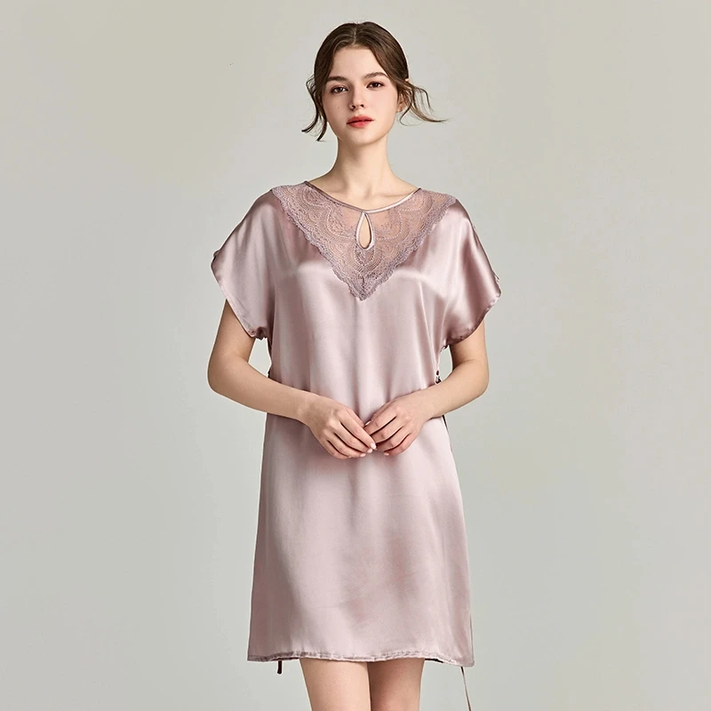 

100% Natural Silk Sleepwear Mini Nightdress Sexy Sheer Lace V Neck Nightgown Homewear Lace Up Ladies Pajama Nighty Casual Dress