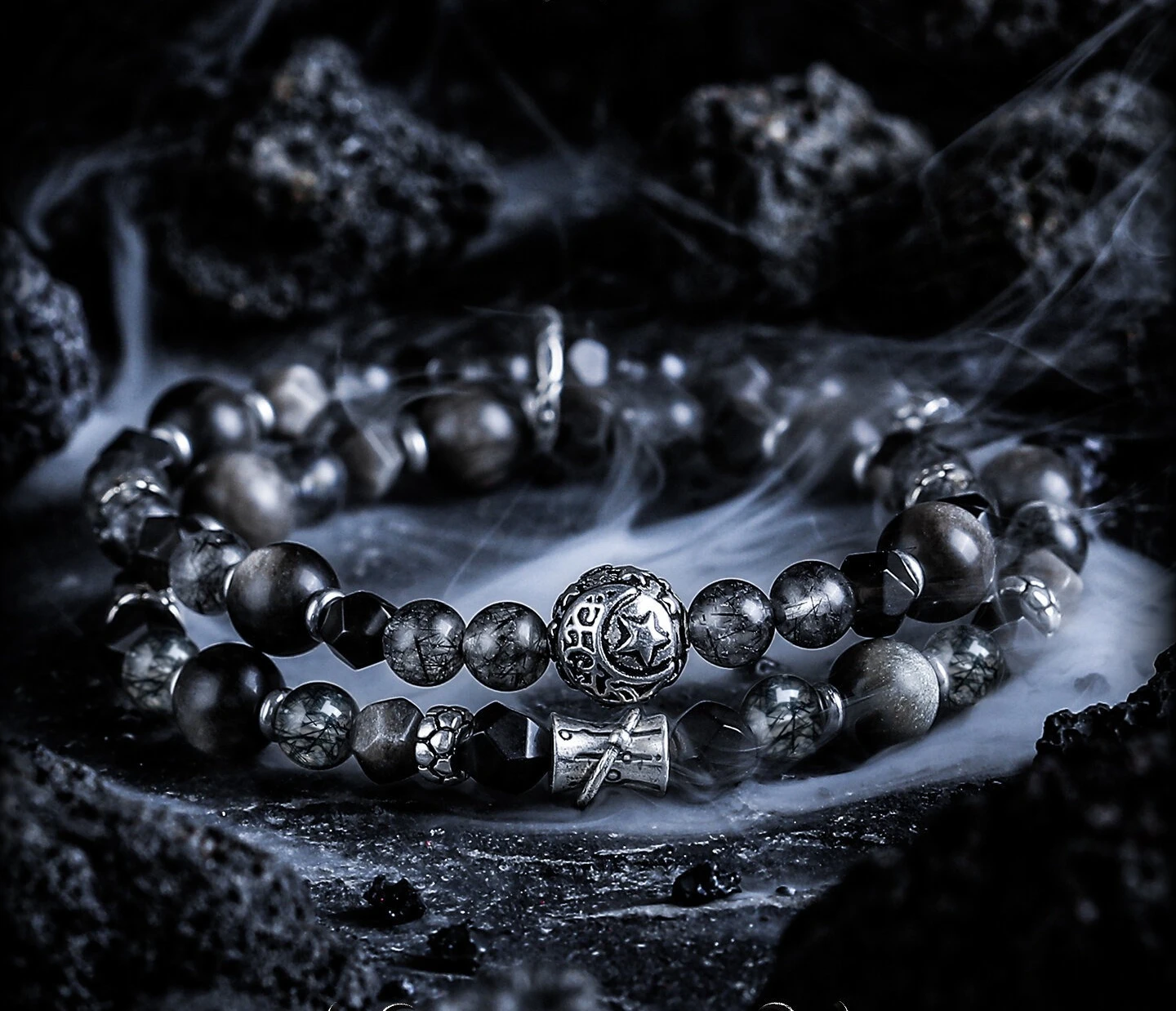 [Xinghui] Silver Obsidian Bracelet Men's Retro Black Hair Crystal Bracelet Double Ring