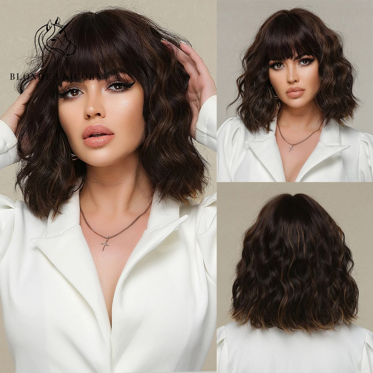 

Blonde Unicorn Short Mixed Brown Blonde Bob Wigs with Bangs For Women Daily Party Natural Hair Synthetic Heat Resistant Fiber