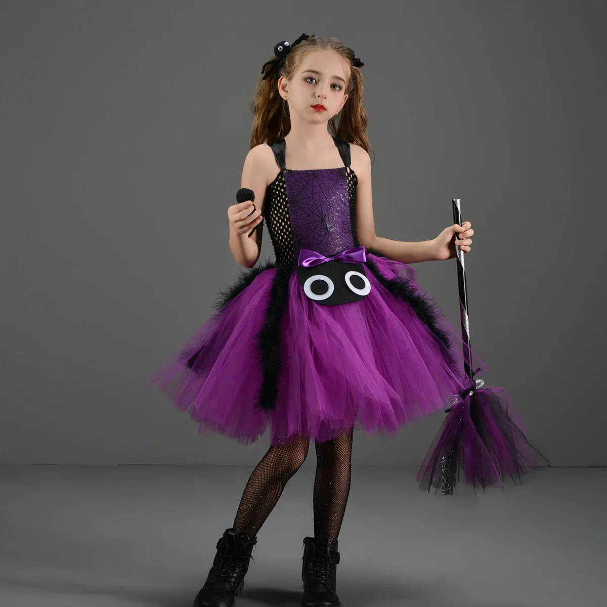 Girls Halloween Cosplay Costume Pink Orange Purple Witch Spider Dress+Hairpin+Broom Clothes Set Halloween Party Outfits