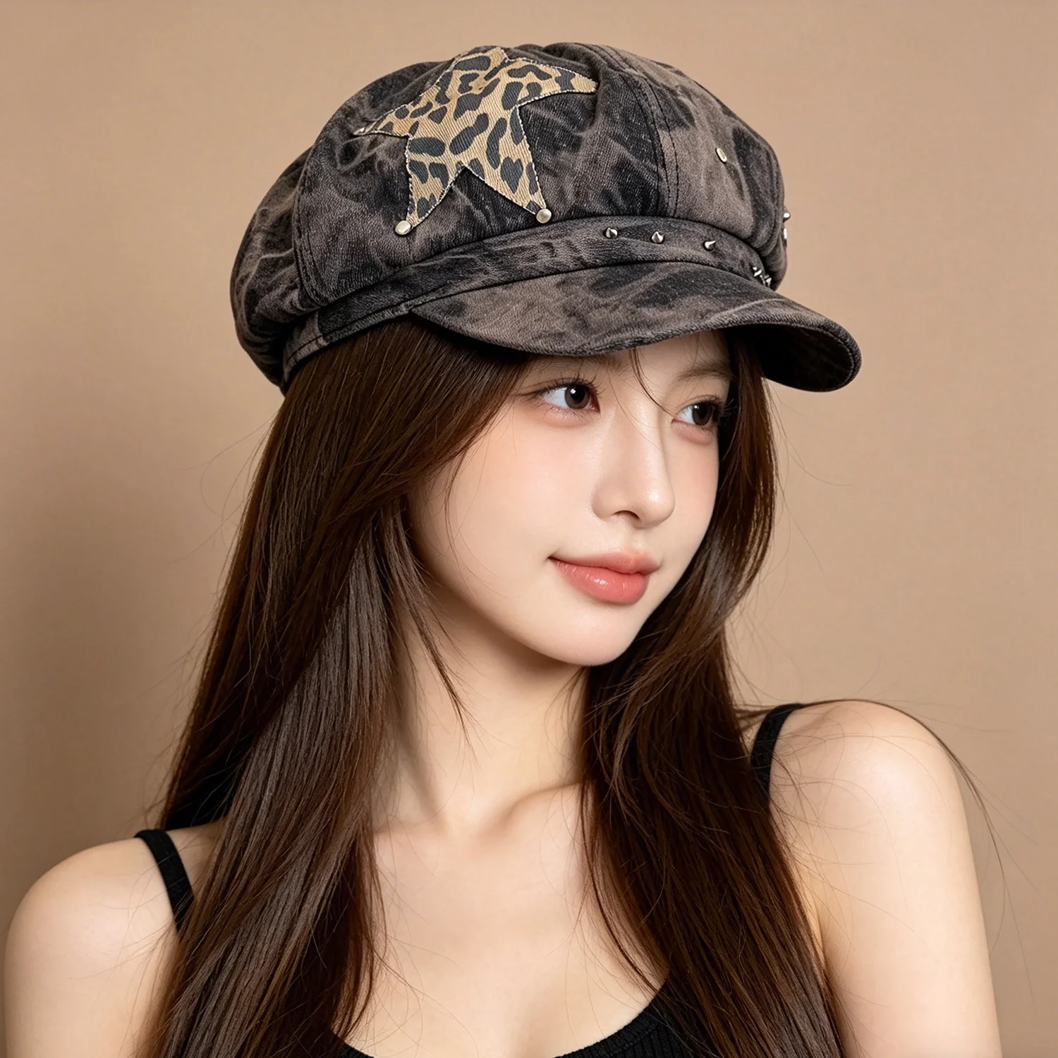 Y2K Washed Distressed Tie Dye Beret Unisex Leopard Star Patch Rivet Detail Lightweight Daily Street Sun Cap for Men Women