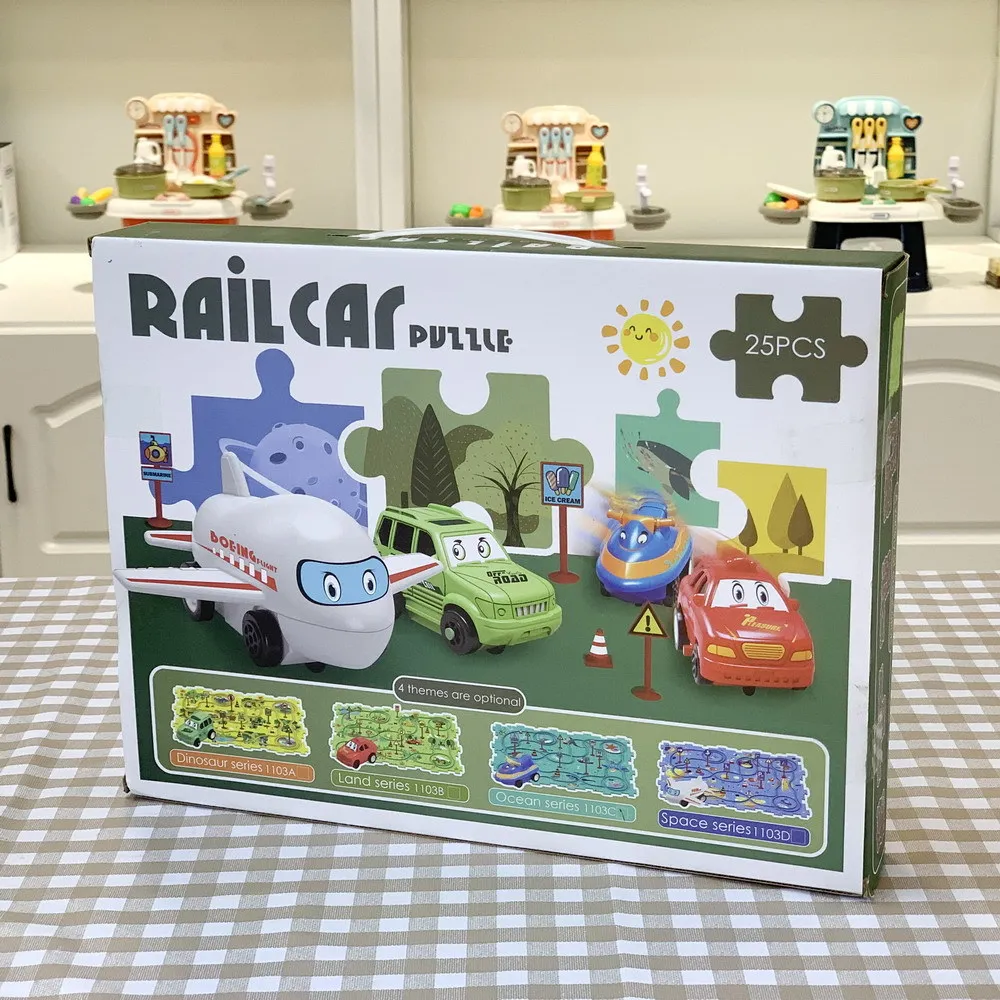 Electric Car Dinosaur Scene Children Fun Puzzle Electric Assembly Rail Car Puzzle 25pcs Creative Toys Gift Box Packing B018