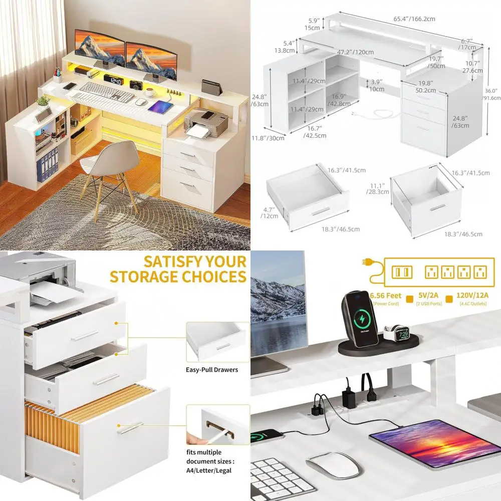 

L-Shaped Desk with Drawers, 65 Computer Desk with Power Outlets and LED Lights, Corner Office Desk with Storage Shelves
