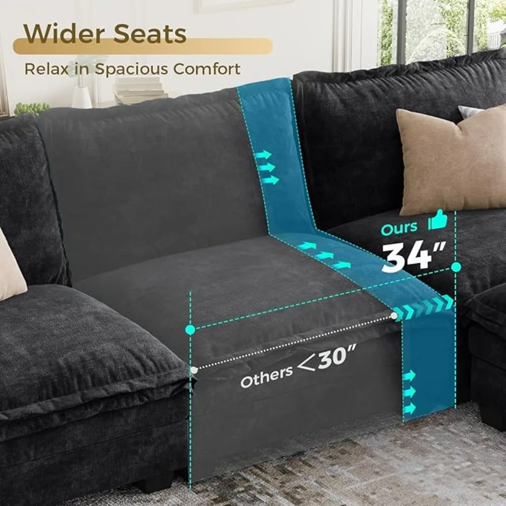 أريكة مقطعية مقاس 123 بوصة على شكل حرف L، أريكة سحابية مكونة من 4 مقاعد مع مسند، أرائك مقطعية من الشنيل لغرفة المعيشة