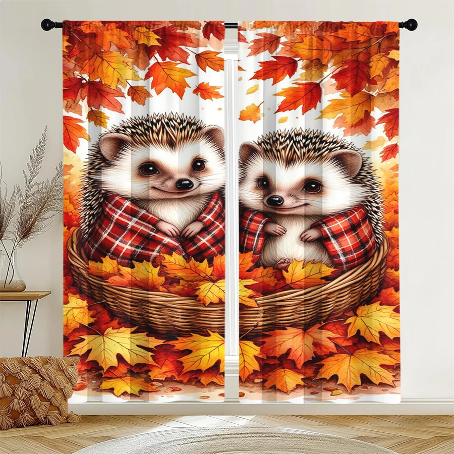2PCS Digital Print Curtain, Two Hedgehogs Basket Maple Leaves, Cute Autumn Woodland Animal Style for Living Room Bedroom Decor