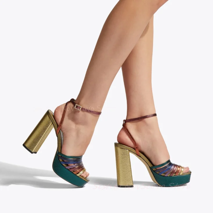 Open Toe Colorful Strappy Sandals Block High Heel Platform Rainbow Ankle Straps Buckle Fashion Women Hollow Cutouts Shoes Summer