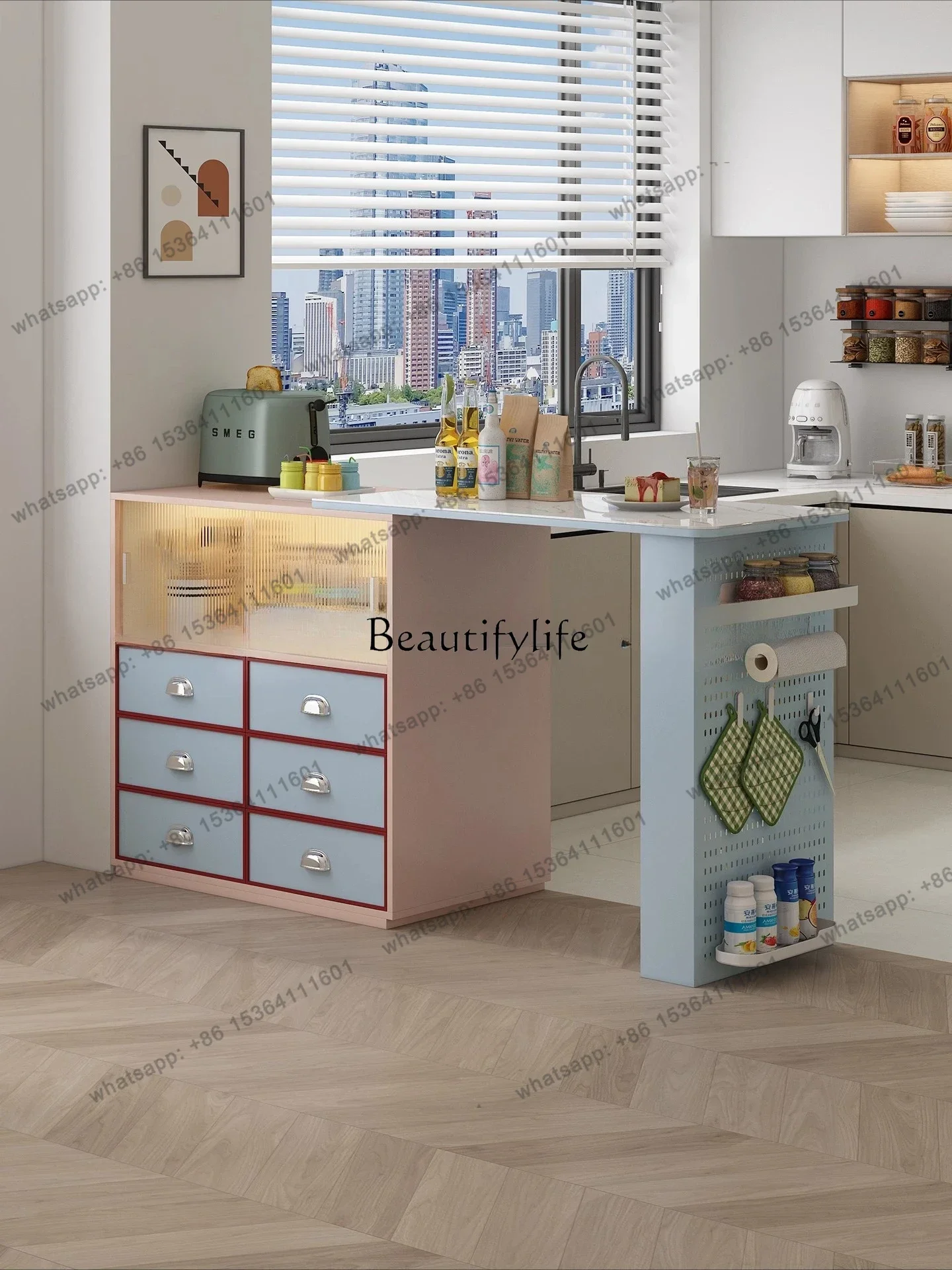 Customization Customizable Solid Wood Italian Style High-End Small Island Table Integrated Dining Table Display Cabinet Partit