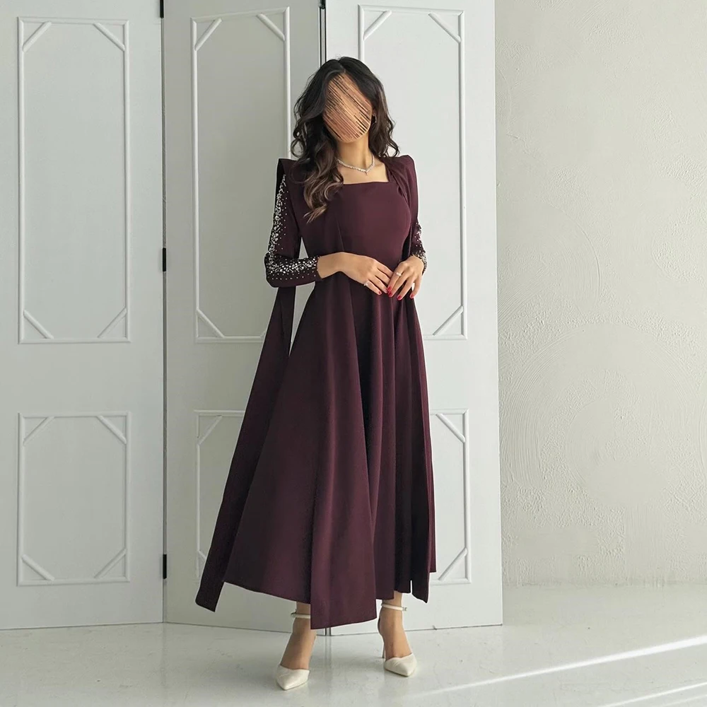 

Customized Square Collar A-line Draped Jersey Evening Dress Sweep Train Crystal Party Dress Full Sleeves Ankle Length Prom Gown