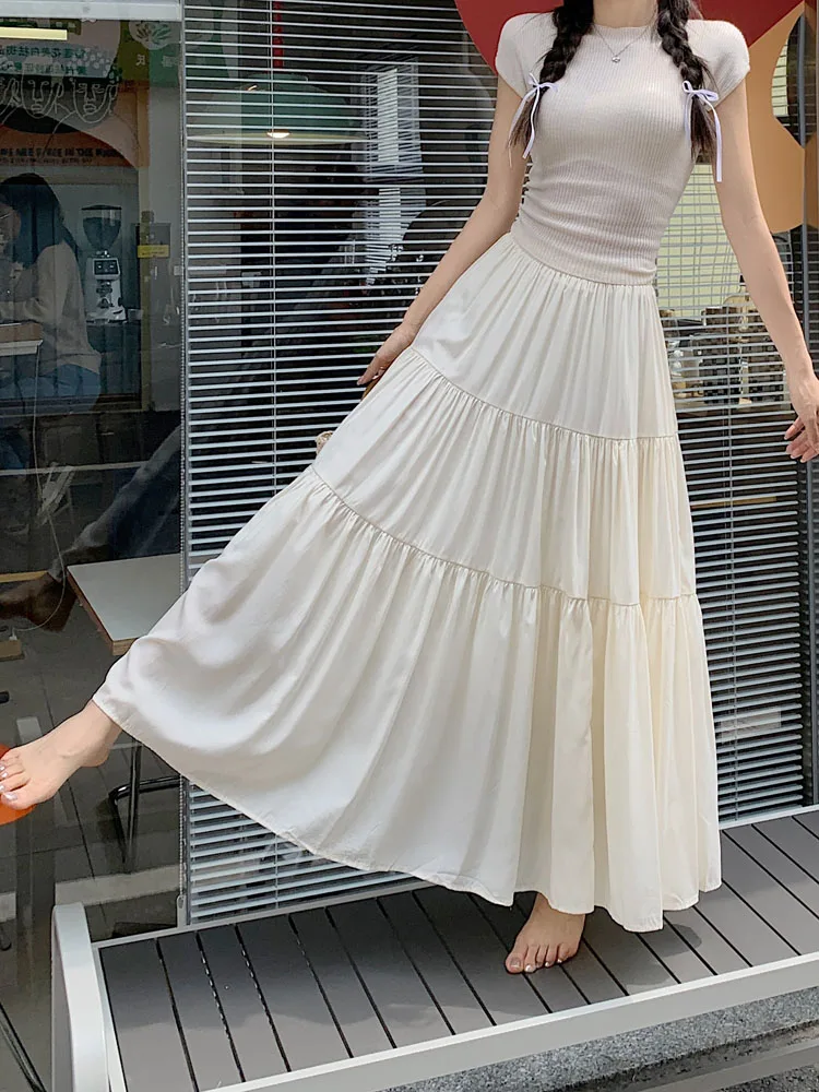 Matakawa Spring Autumn Women Skirts Korean Fashion Solid Sweet A-line Faldas Mujer French Style Elegant Jupe Femme Vintage