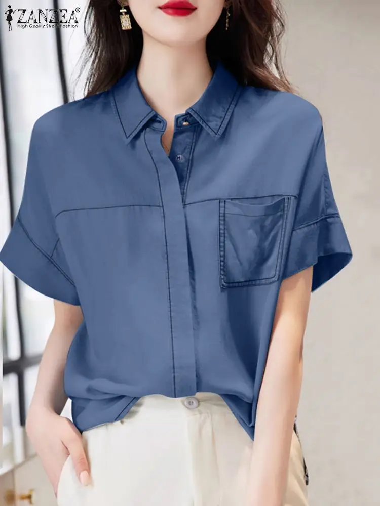 ZANZEA-Blusa con cuello vuelto para mujer, camisa informal holgada de manga corta, Color liso, moda coreana, verano, 2024