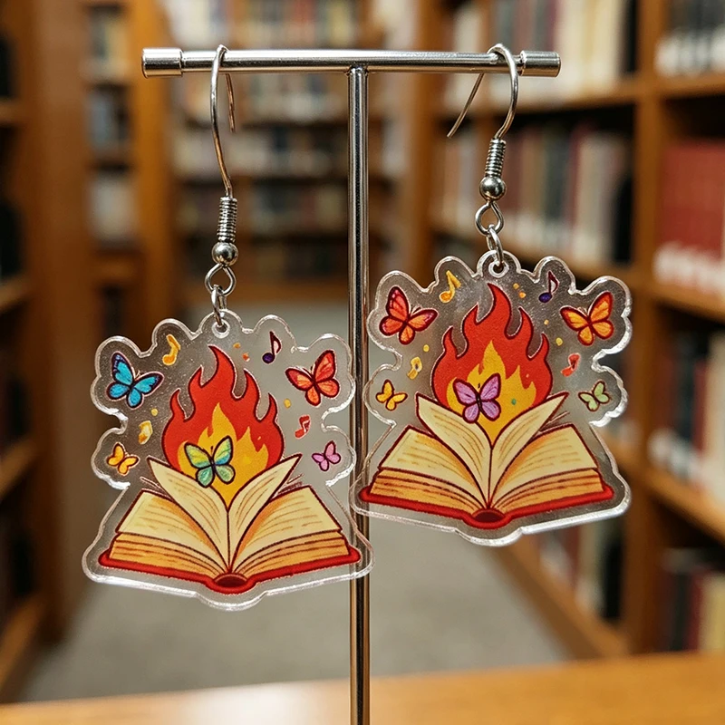 Flame Book Butterfly Notes Acrylic Earrings College Style Reading Enthusiasts Student Teacher Stainless Steel Ear Hook Earrings