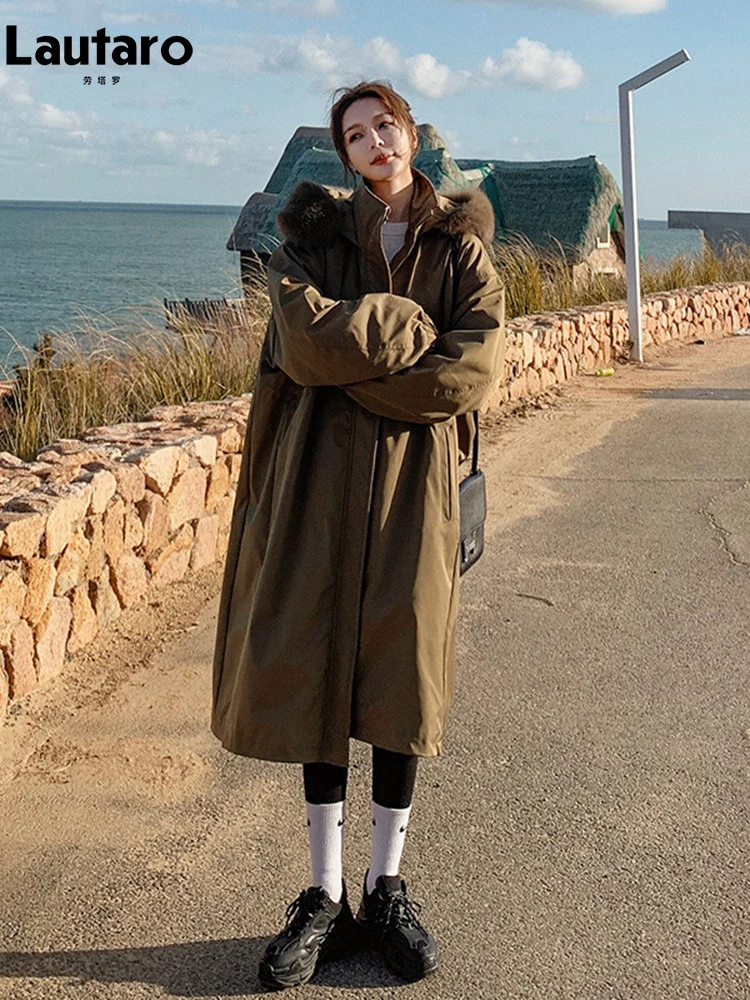 Lautaro Winter Long Brown Thickened Warm Faux Fur Parka with Hood Zip Up Loose Casual Korean Fashion with Faux Fur Inside 2023