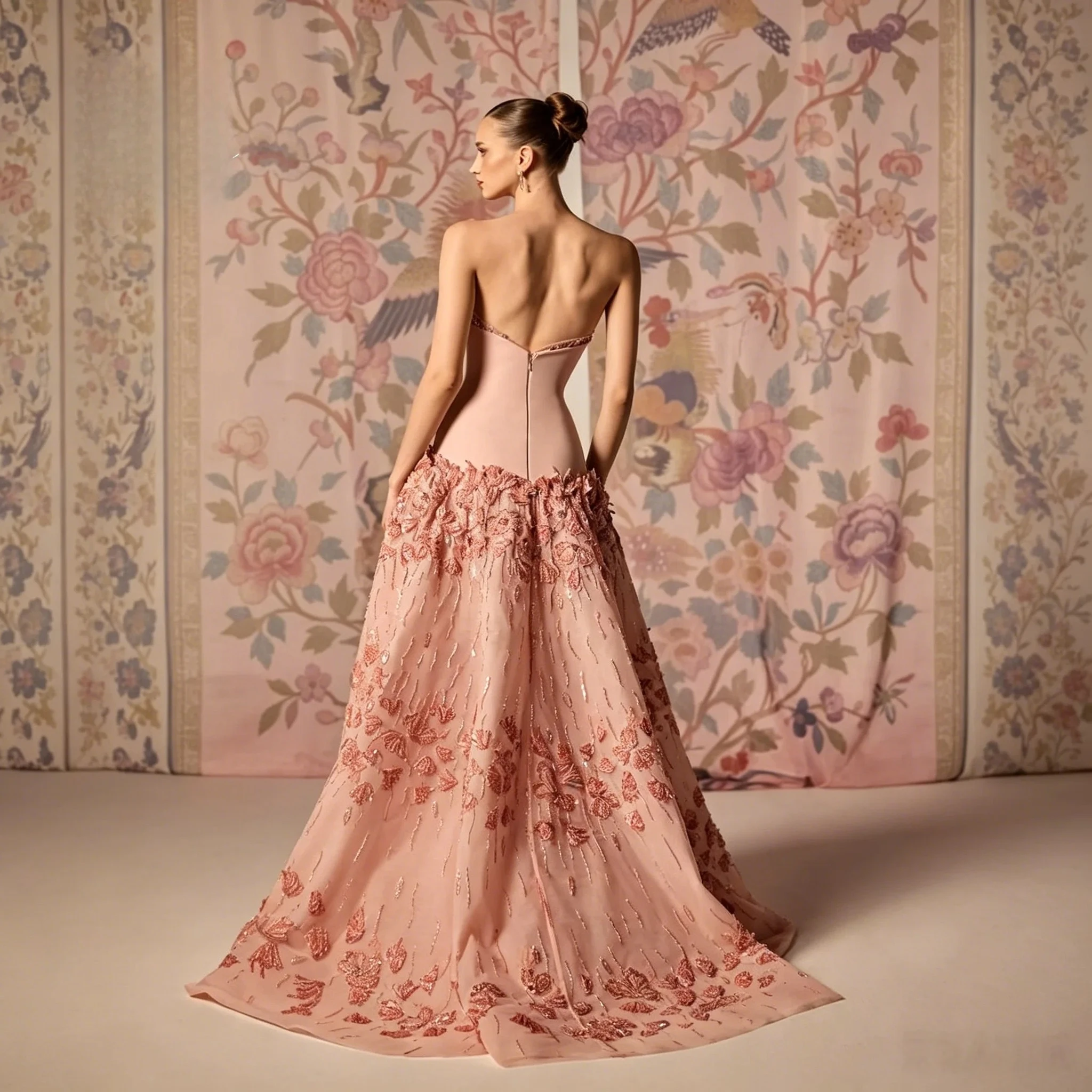 Tailor Blush Pink Strapless Floral Embroidered Satin Ball Gown Plus Size Available Evening/Prom/Wedding Guest Dresses Customized