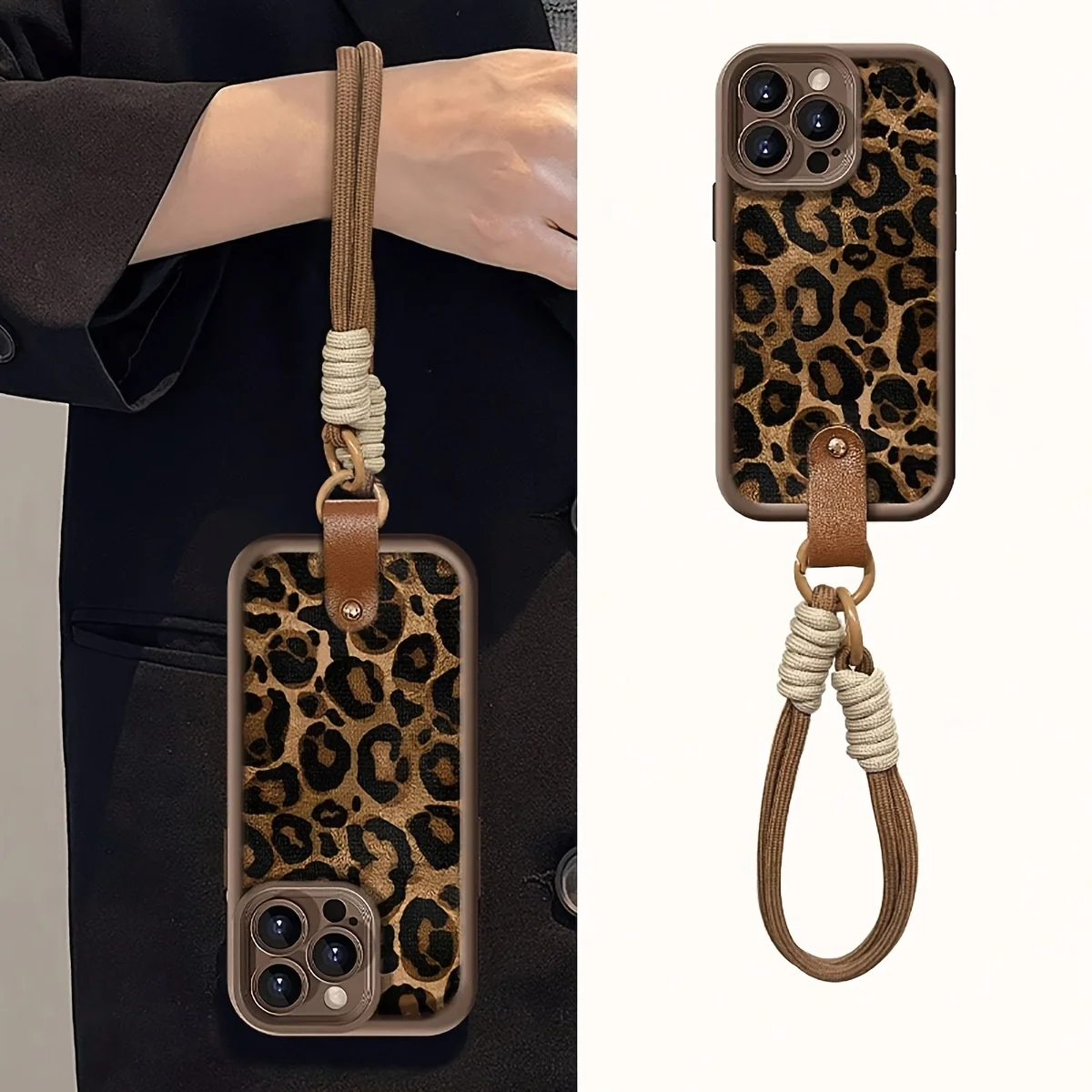 Handgelenkschlaufe Leopardenmuster Handyhülle für iPhone 17 16 15 11 12 13 14 Pro Max Plus Hüllen 7 8 XR XS 16e INS mit Lanyard-Abdeckung – Detail 1