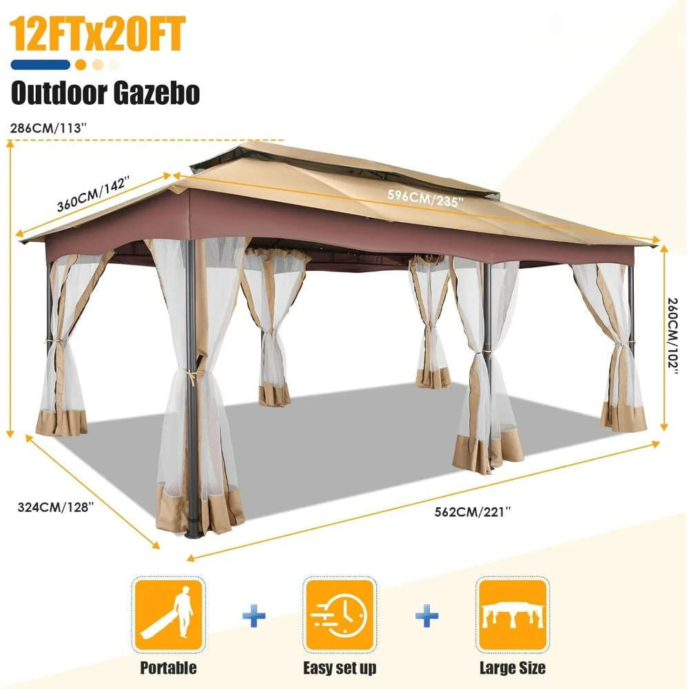 Gazebo 12x20, gazebo externo em folga com telhado plano duplo ventilado, cortinas de privacidade e mosquiteiro, barraca de dossel