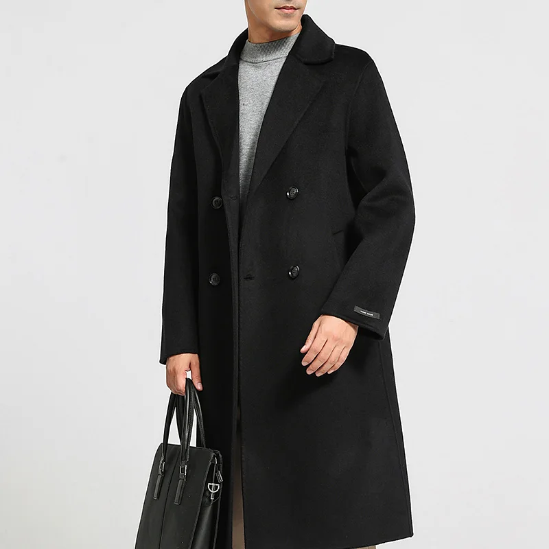 Men's 100% cashmere thick double-sided extended coat, classic and versatile fashion for business and leisure