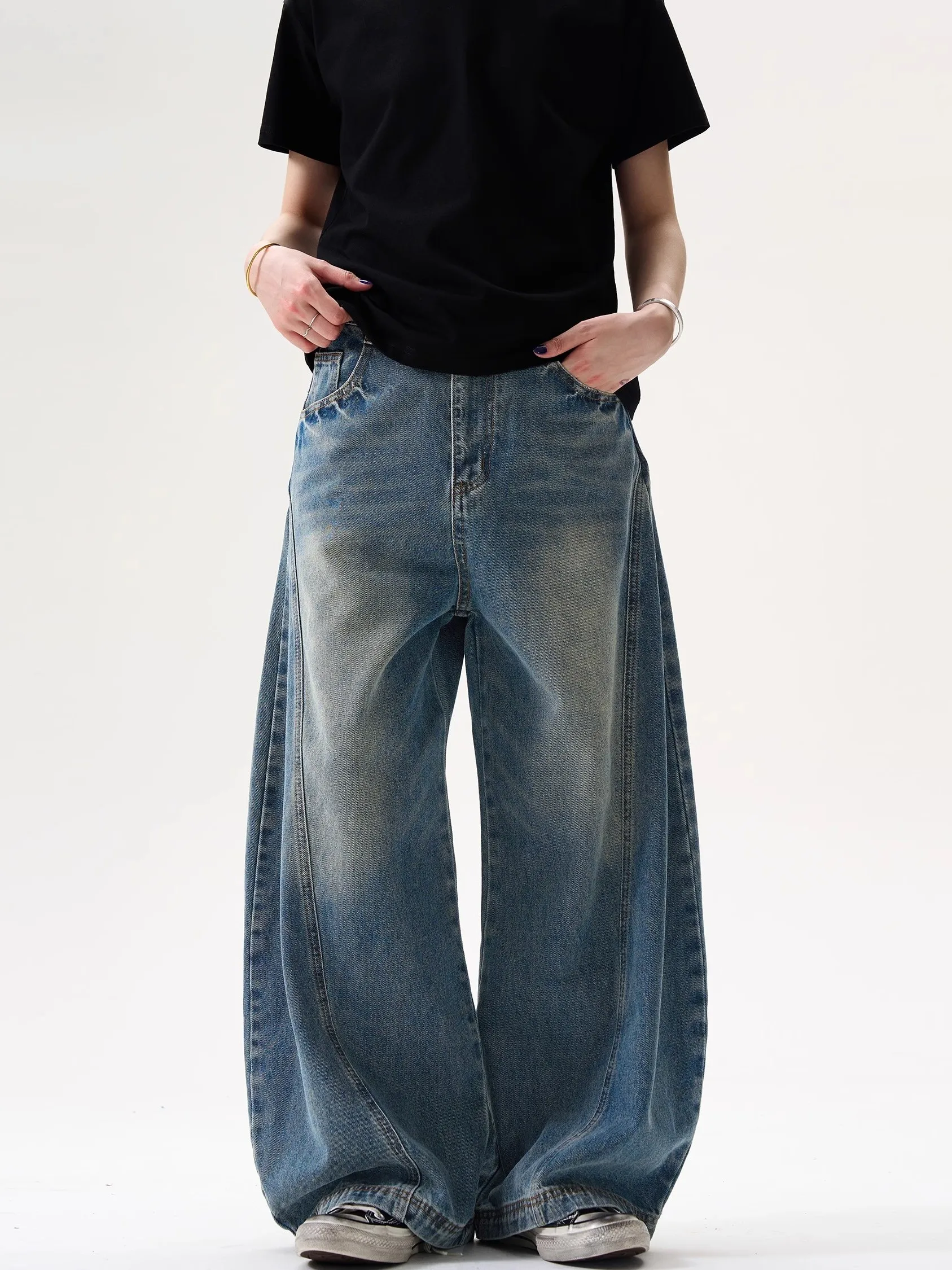 

Американские джинсы с синей талией в стиле ретро, мужские свободные широкие брюки с завышенной талией, повседневные всесезонные модные брюки с завязками