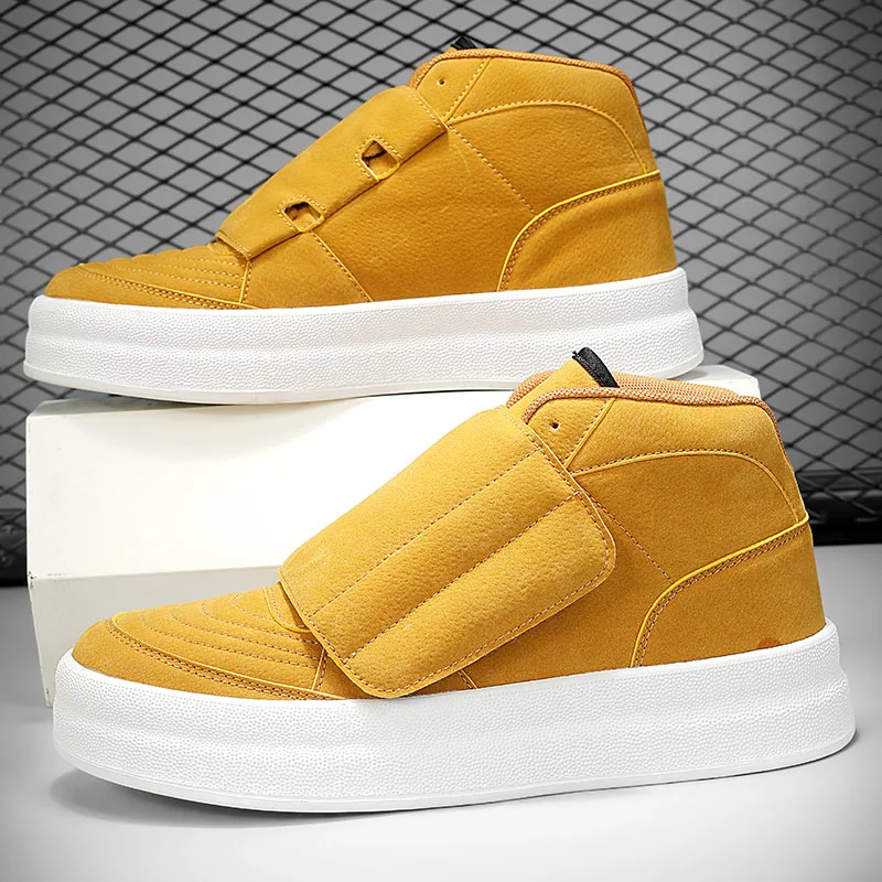 New Yellow Suede Leather Shoes For Men Size 45 Fashion Hook and Loop Platform Sneakers Men Autumn Men's High top Casual Shoes