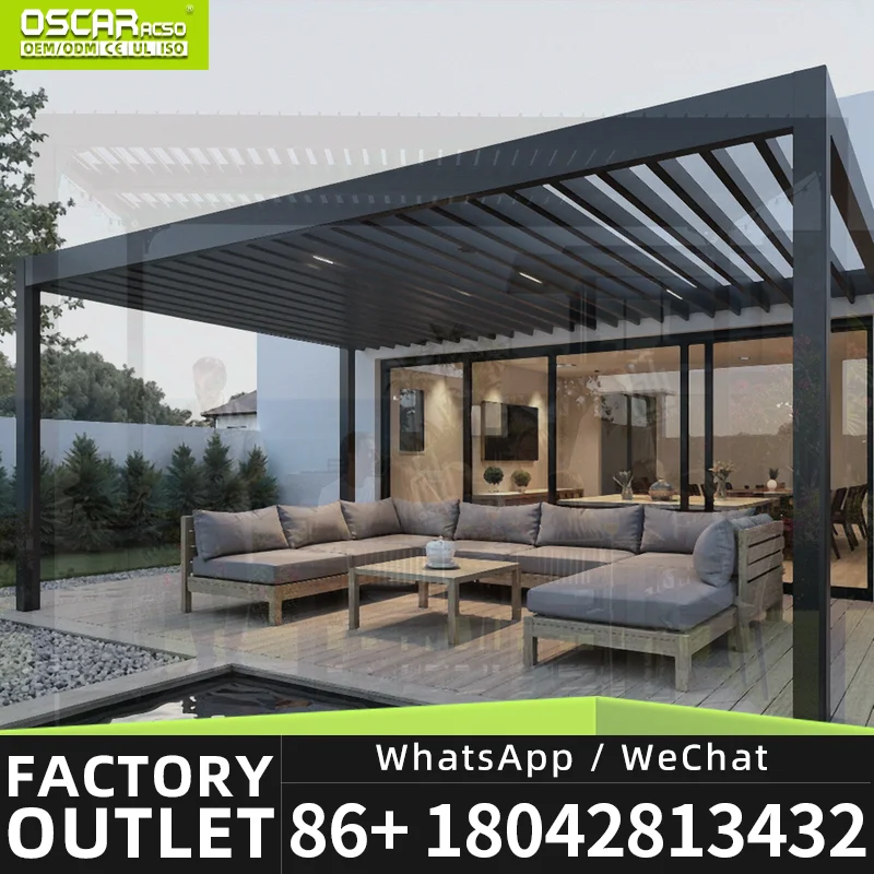 Motorized Louver Outdoor Garden Patio Cover Roof Aluminum 3x3 4x4 Bioclimatic Waterproof Outdoor Pergola for Backyard Terrace Ba