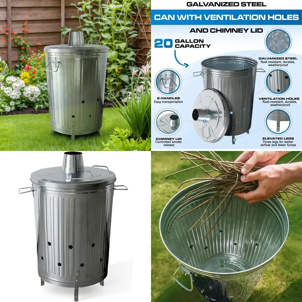 

20-галонный мусорный бак из оцинкованной стали с крышкой и вентиляционными отверстиями — уничтожитель мусора на открытом воздухе