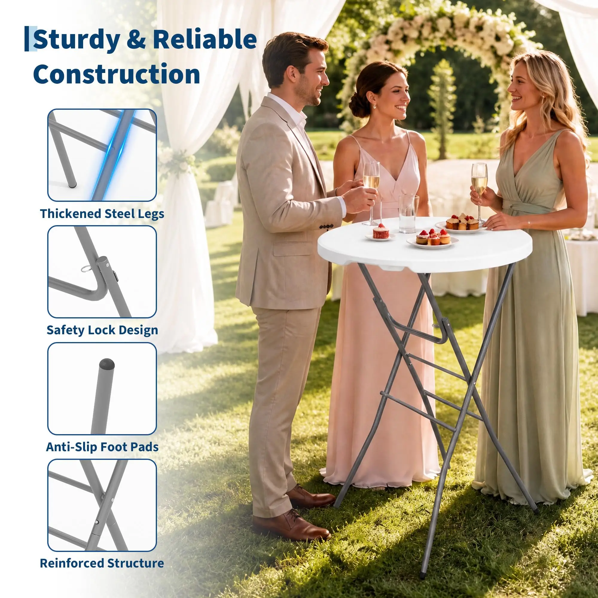 GarveeLife 32 in Round Folding Cocktail Table, Bar-Height High Top Bistro Standing Table, Waterproof HDPE Top, Steel Frame w/ Locking Legs, Portable for Patio Parties & Events, White