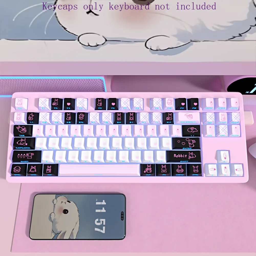 Cute Rabbit Binary Keycap Set PBT Cherry Side-engraved Translucent Adapted To MX Switch Magnetic Shaft Mechanical Keyboards.