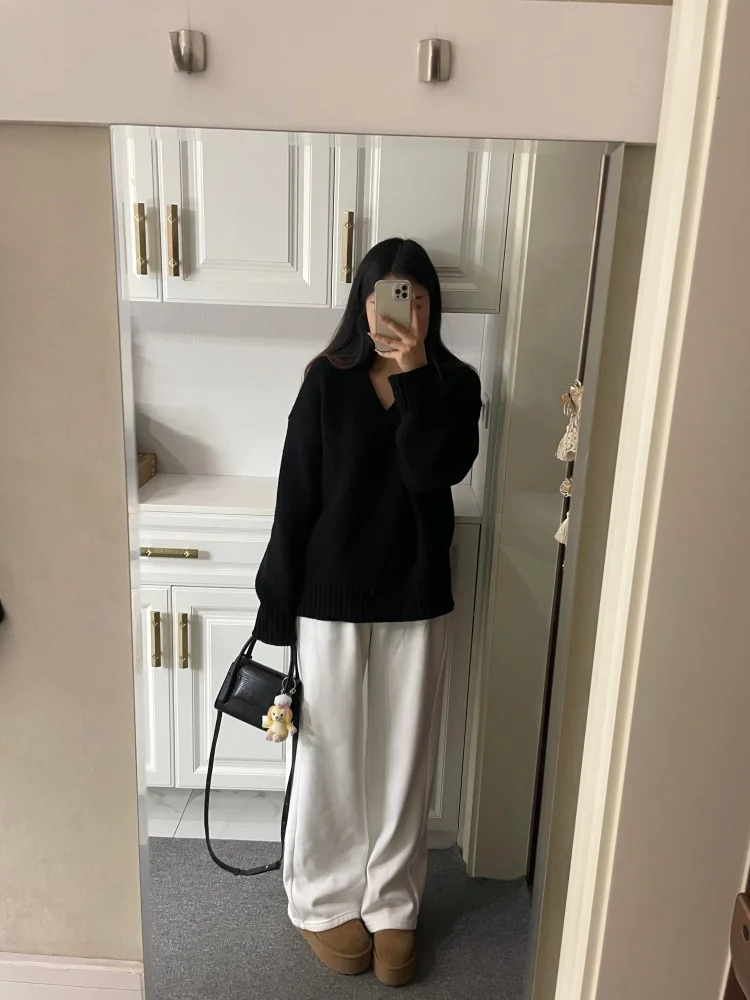 Bla V-Ne محبوك سترة المرأة الخريف الشتاء Thiened فضفاضة تناسب كسول خمر فضفاض الشعور الدافئة تريكو