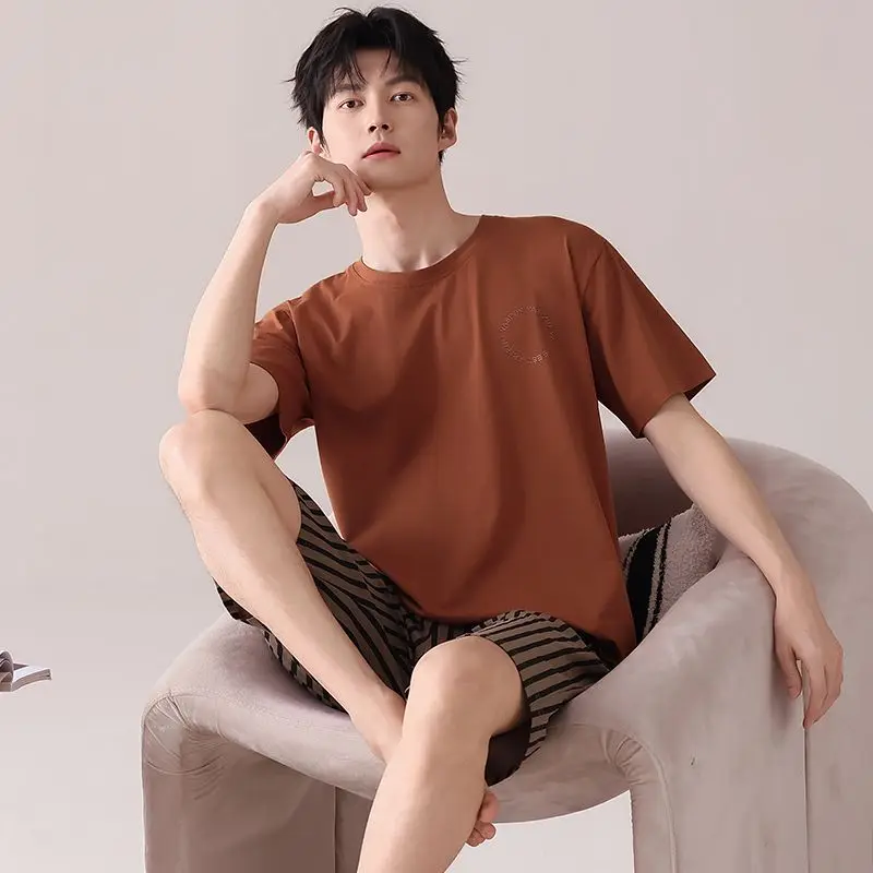 2026 Summer Plus Size 4XL Short Sleeve Cotton Pajama Sets for Men Korean Loose Sleepwear Suit Pyjamas Male Homewear Home Clothes