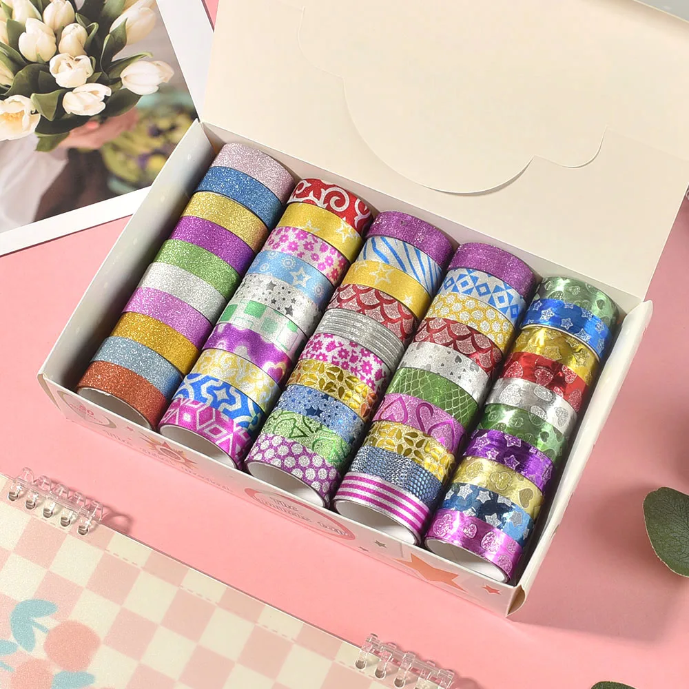 50 Rolls Random Design Glitter Washi Masking Tape Set Decorative Craft Tape Collection for DIY and Gift Wrapping