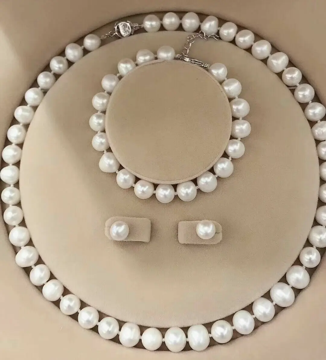 

8-9mm natural white Akoya South Sea pearl necklace+bracelet+earring set 925s