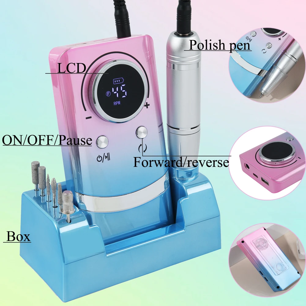 45000RPM Rechargeable Nail Drill Machine with LCD Display Low Noise Professional Nail Polish Sander for Manicure Nail Equipment