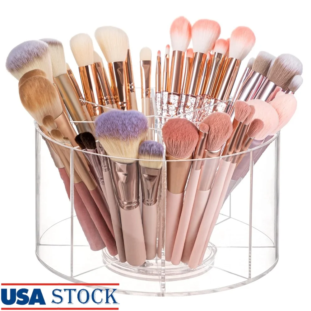 

360 Rotating Acrylic Makeup Brush Holder Organizer Clear Makeup Storage with 8 Compartments Vanity Bathroom Tabletop