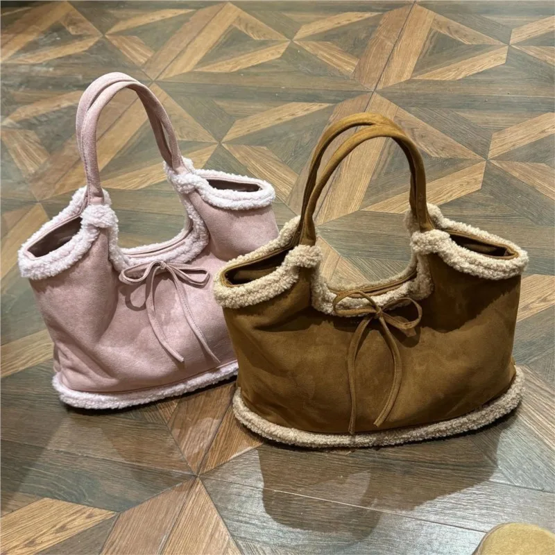 

Retro Faux Lambswool Bow Tote Bag Women Autumn Winter New Large Capacity Shoulder Bag Ladies Sweet Cute Solid Color Underarm Bag