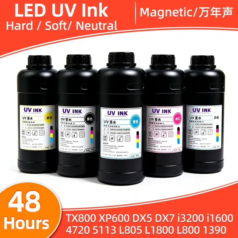 

1000ML LED UV Ink Compatible For EPSON i3200 i1600 TX800 XP600 L800 L1800 L805 DX5 DX7 DX10 1390 R1800 R1900 Printhead Cured ink