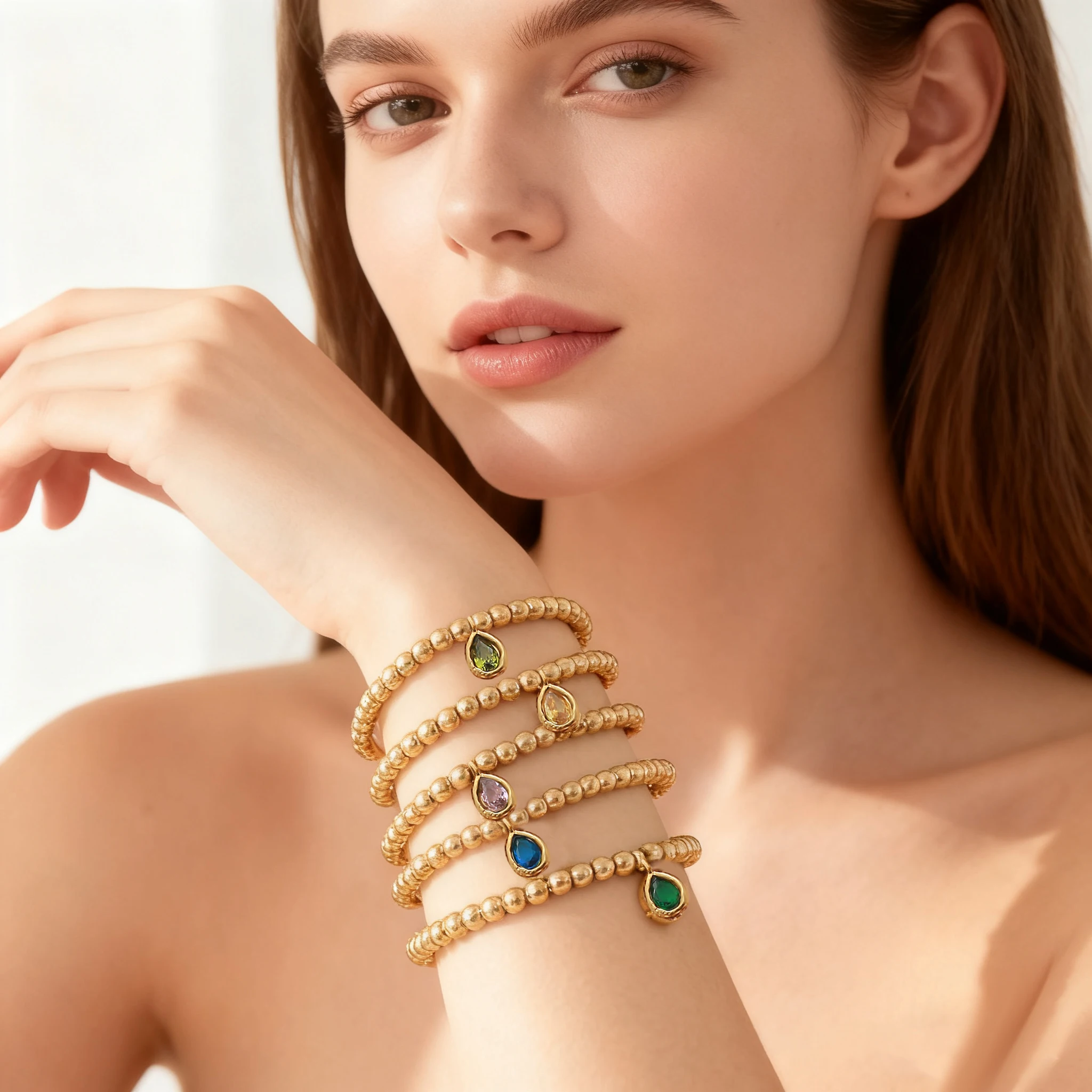 MHS.SUN Stainless Steel Gold Plated 12 Months Birthstone Beaded Bracelets For Women Men Zircon Water Droplet Charm Trend Jewelry