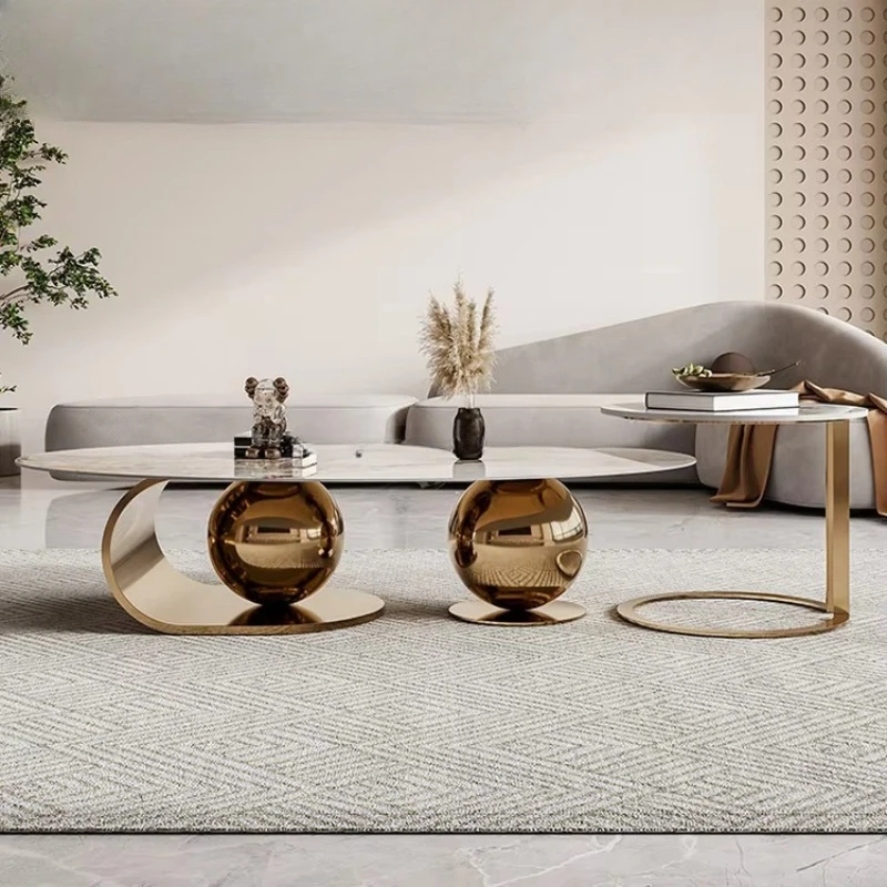 

Luxury modern double ball coffee table rock plate top gold stainless steel coffee table set mirror decorative art furniture