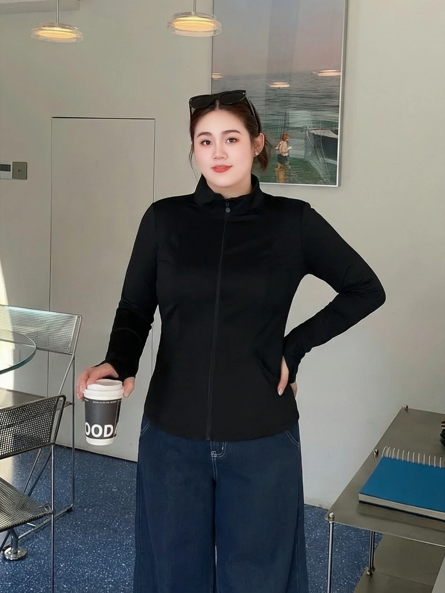 

Slimming Elastic Waist Jacket plus Size Women's Fashion Early Spring New Style Casual Versatile Long Sleeve Stand Collar Top