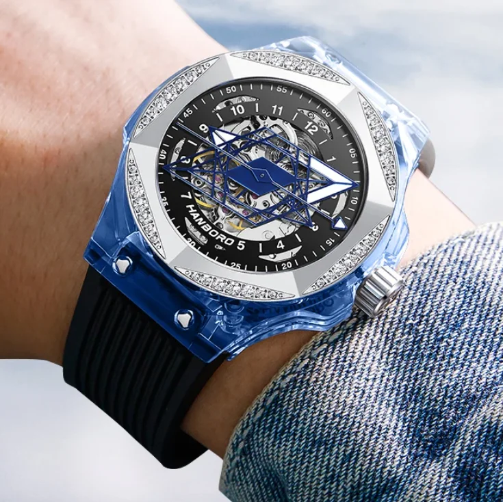 HANBORO Men Automatic Watch 42mm Mechanical Wristwatch Acrylic Case 50m Waterproof Luminous Sapphire Mirror Skeleton Dial